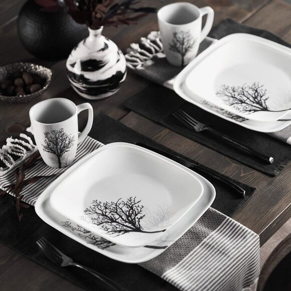 NWOT Corelle Timber Shadows 16-Piece Dinner Set for 4 Porcelain, Black and Grey - Picture 1 of 6